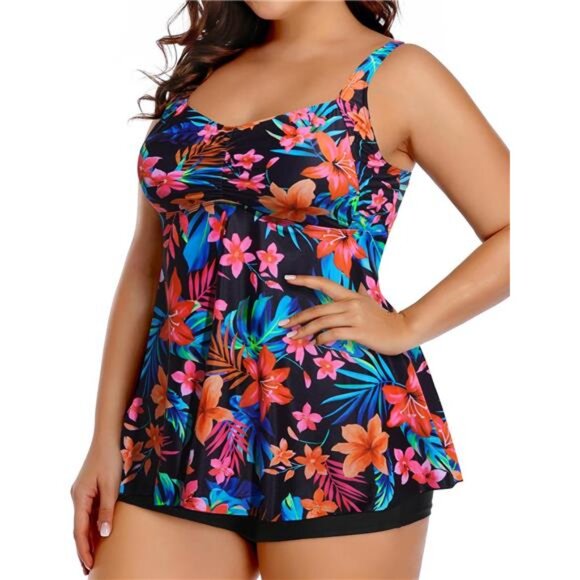 Plus Size Tankini Swimsuit with Shorts – Flowy Tummy Control Two Piece - Picture 4 of 6